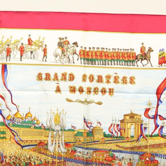 HERMES Carre 90 Scarf ""GRAND CORTEGE A MOSCOU"" Silk Red Auth hk2432 - Picture 4 of 16